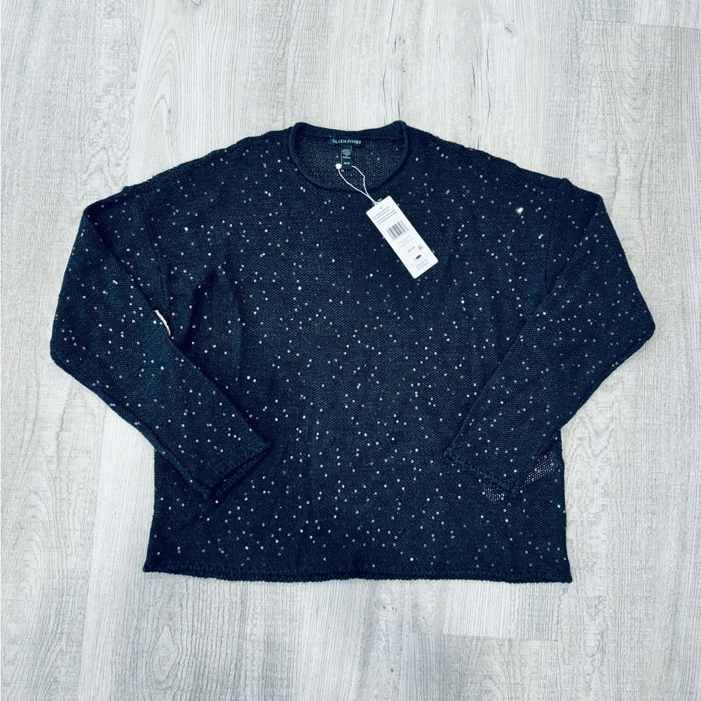 NWT Eileen Fisher Black Sequin Merino Wool Long Sleeve Crew Neck Sweater XS - Picture 4 of 9